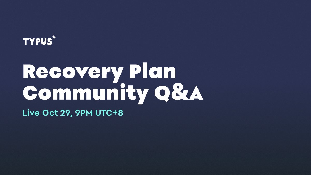 TypusLead's tweet photo. Rescheduled: TLP Recovery Plan Community Q&A.

Join Founder & CEO @Pentameal for our rescheduled session (from Oct 24) to discuss the recovery plan.

🗓️ Date: October 29
⏰ Time: 21:00 HKT (1:00 PM UTC)
⏱️ Duration: ~30 mins
📍 Where: https://t.co/lC0rcJqyZN…

Questions will be selected from replies to this tweet and gathered from Sui communities. (Attendee mics will be disabled).

Read the full Recovery Plan: https://t.co/RJo5O12SgK…
