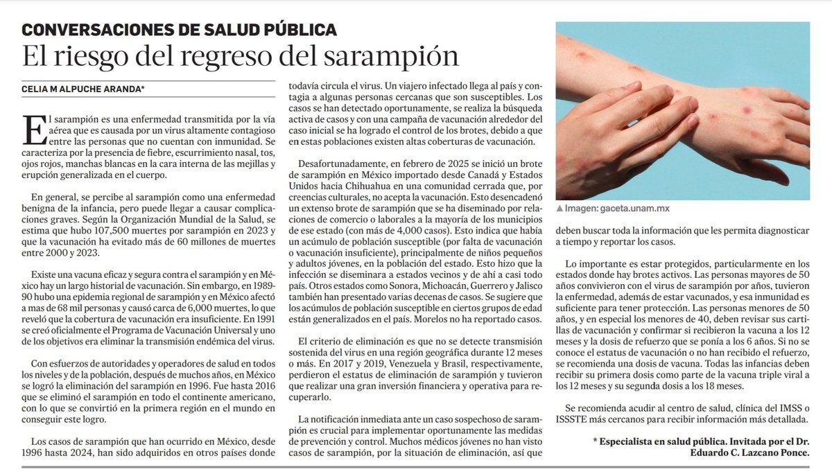 La Dra. Celia Alpuche, investigadora del CISEI-<a href="/inspmx/">INSP México</a>, escribe sobre el riesgo del regreso del sarampión en México, una enfermedad a la que podemos hacer frente con la vacunación.

lajornadamorelos.mx/opinion/conver…