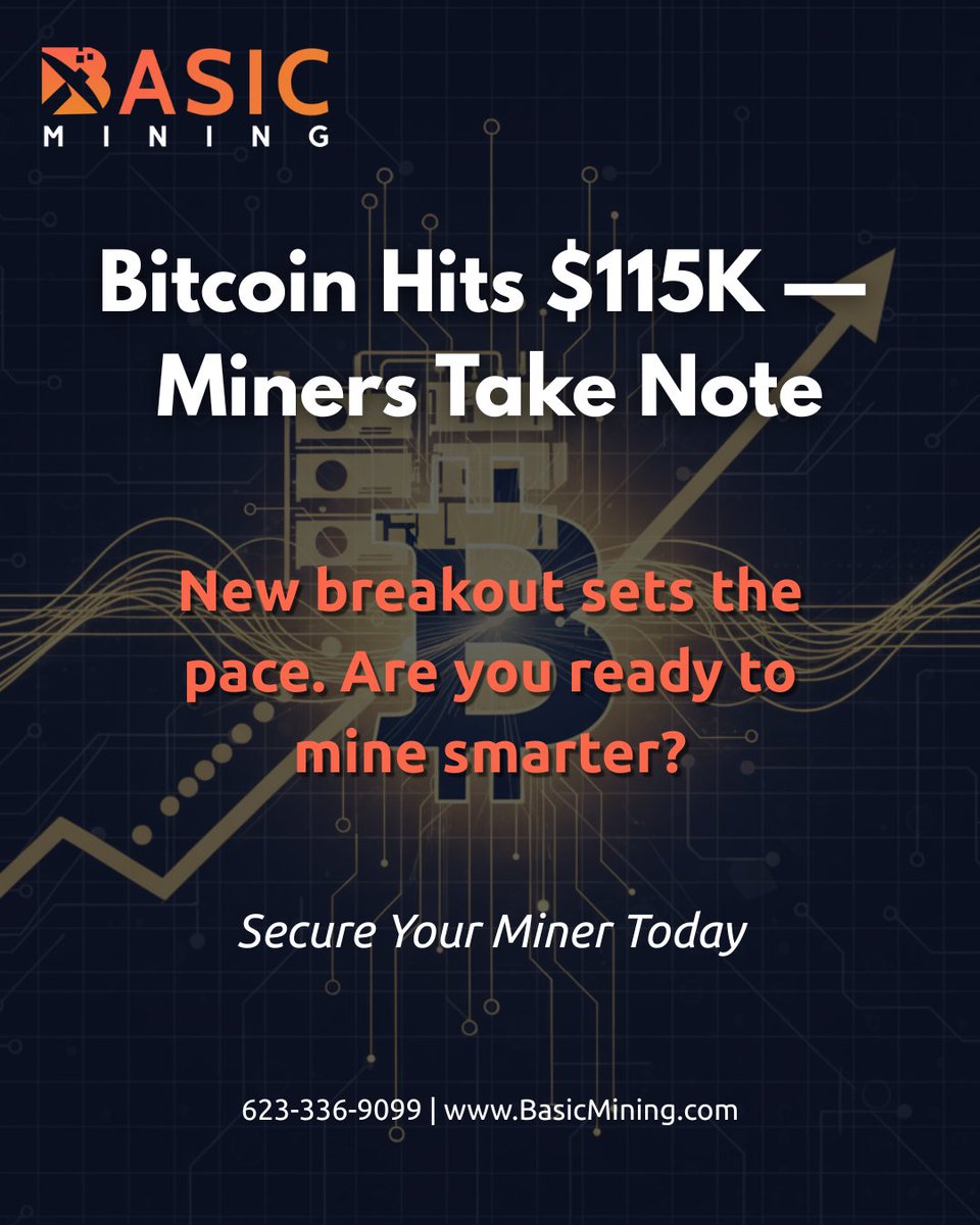 BasicMining's tweet image. 🚀 Bitcoin Breakout: $115K &amp;amp; Climbing!
Bitcoin surged past $115,000 today as optimism around U.S.–China trade ties and rate-cut expectations spark a fresh rally. 

For miners and infrastructure:
✔️ Strong market = higher dollar value for mined coins
✔️ Opportunity to scale with…