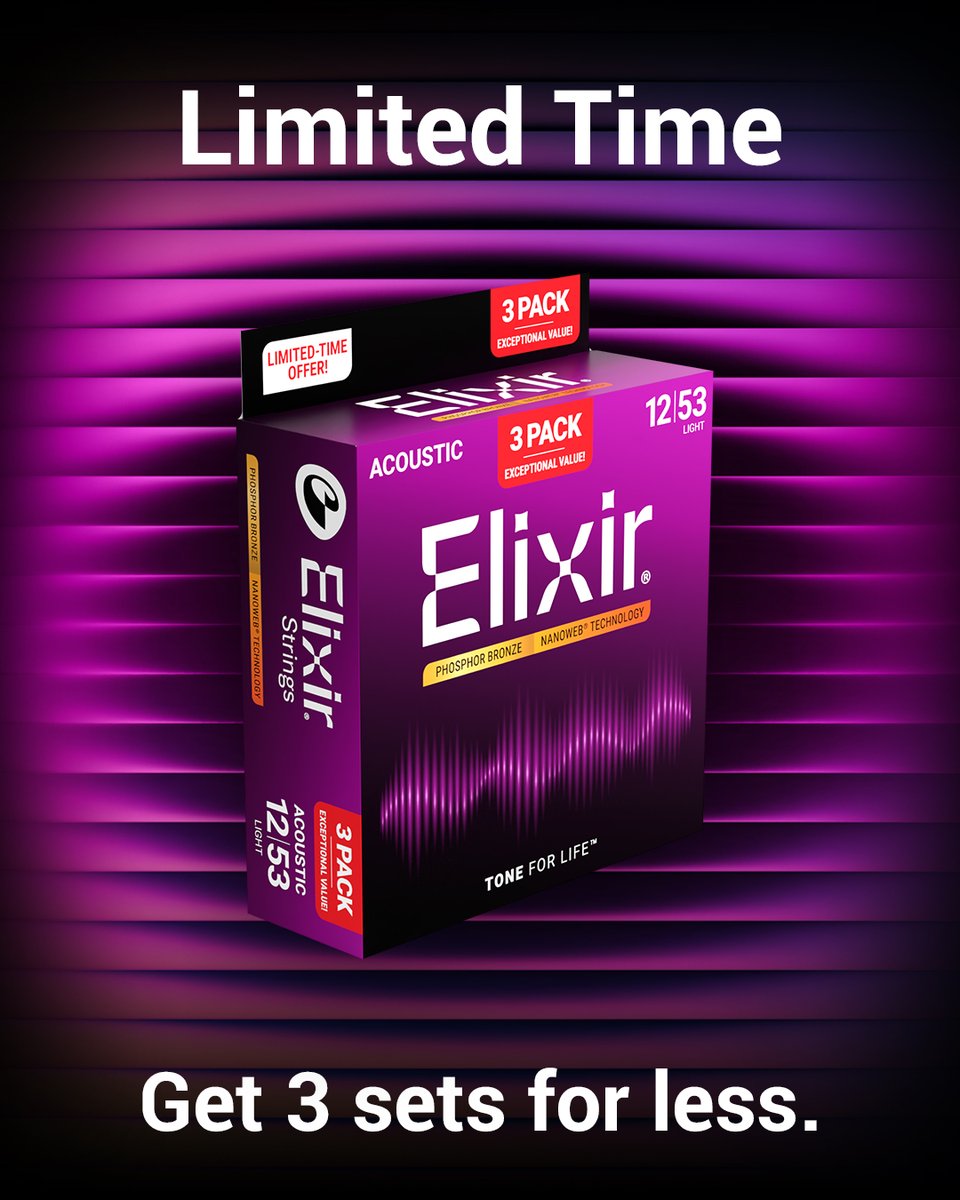 ElixirStrings's tweet image. For a limited time: Grab your favorite acoustic and electric strings in 3 Packs and save! 

𝗖𝗵𝗼𝗼𝘀𝗲 𝗳𝗿𝗼𝗺 𝟵 𝗱𝗶𝗳𝗳𝗲𝗿𝗲𝗻𝘁 𝗼𝗽𝘁𝗶𝗼𝗻𝘀. 𝗦𝘁𝗼𝗰𝗸 𝘂𝗽 𝘄𝗵𝗶𝗹𝗲 𝗶𝘁 𝗹𝗮𝘀𝘁𝘀!

🛒 Shop exclusively at elixirstrings.com now through November 17th. US only.