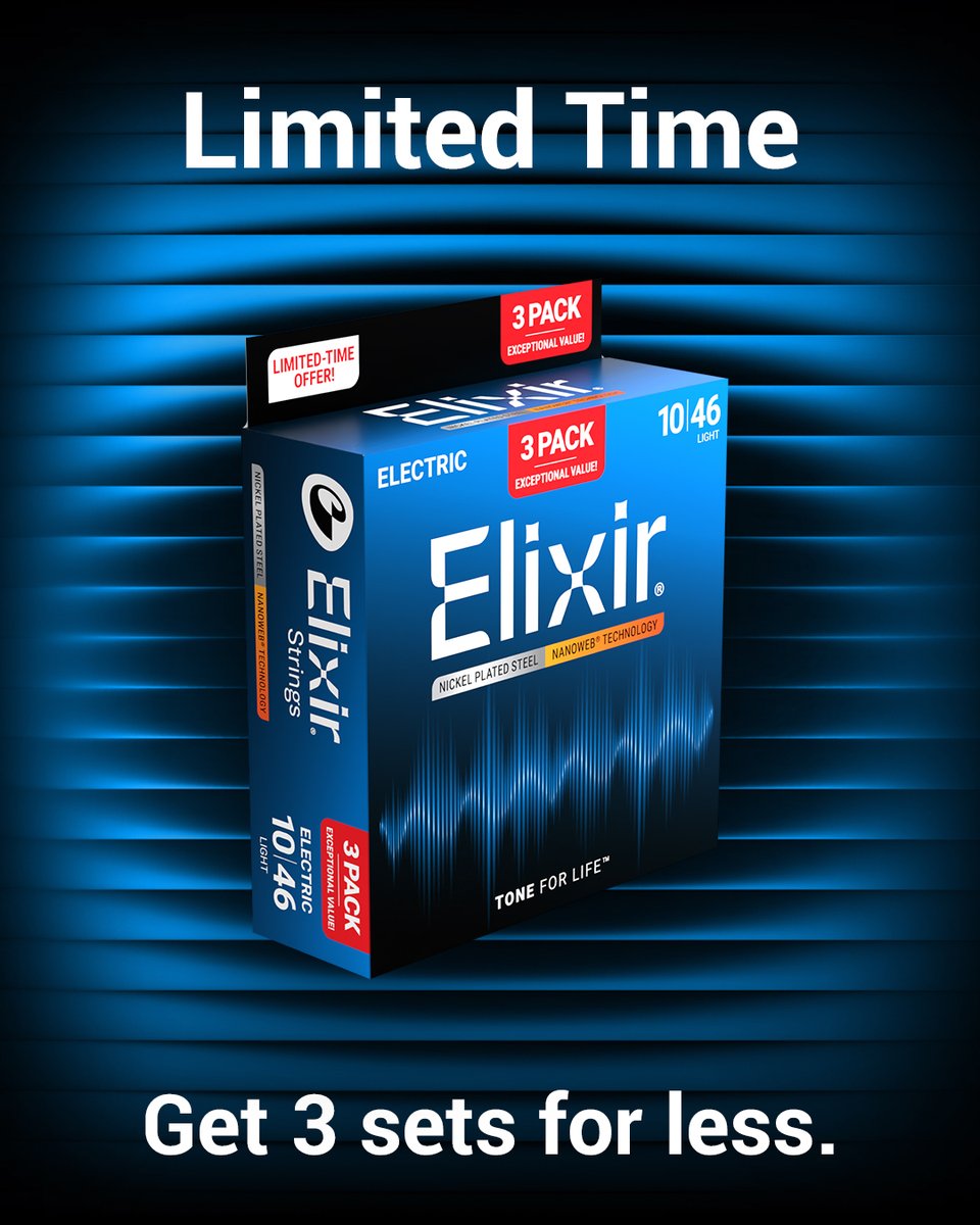 ElixirStrings's tweet image. For a limited time: Grab your favorite acoustic and electric strings in 3 Packs and save! 

𝗖𝗵𝗼𝗼𝘀𝗲 𝗳𝗿𝗼𝗺 𝟵 𝗱𝗶𝗳𝗳𝗲𝗿𝗲𝗻𝘁 𝗼𝗽𝘁𝗶𝗼𝗻𝘀. 𝗦𝘁𝗼𝗰𝗸 𝘂𝗽 𝘄𝗵𝗶𝗹𝗲 𝗶𝘁 𝗹𝗮𝘀𝘁𝘀!

🛒 Shop exclusively at elixirstrings.com now through November 17th. US only.