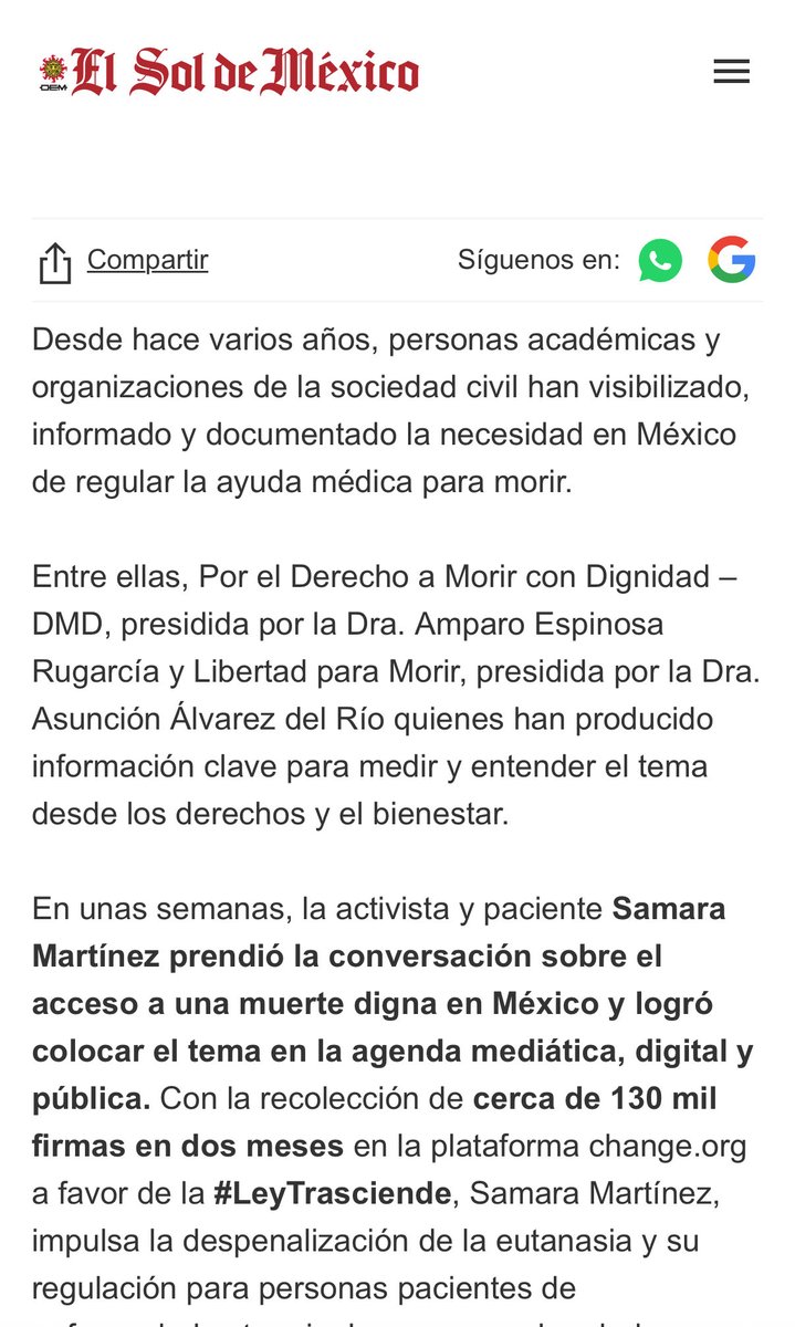 🚨Esta semana es clave para el avance del derecho a una #MuerteDigna con la presentación de iniciativas de <a href="/samaraamm/">Samara Martínez</a> junto con el colectivo #MuerteDignaYa <a href="/Practica_Lab/">Práctica: Laboratorio para la Democracia</a>. 

📢Ven mañana #martes en el #ÁngelDeLaIndependencia para compartir tu testimonio. ➡️oem.com.mx/elsoldemexico/…