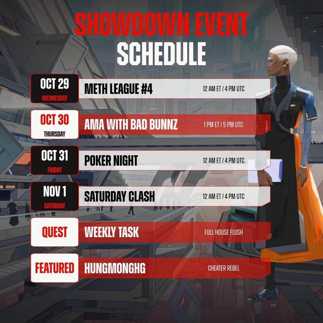 Showdown weekly schedule!  

Set your reminders for the <a href="/badbunnz_/">Bad Bunnz</a> AMA. 🐰

Happy gaming everyone.🍀