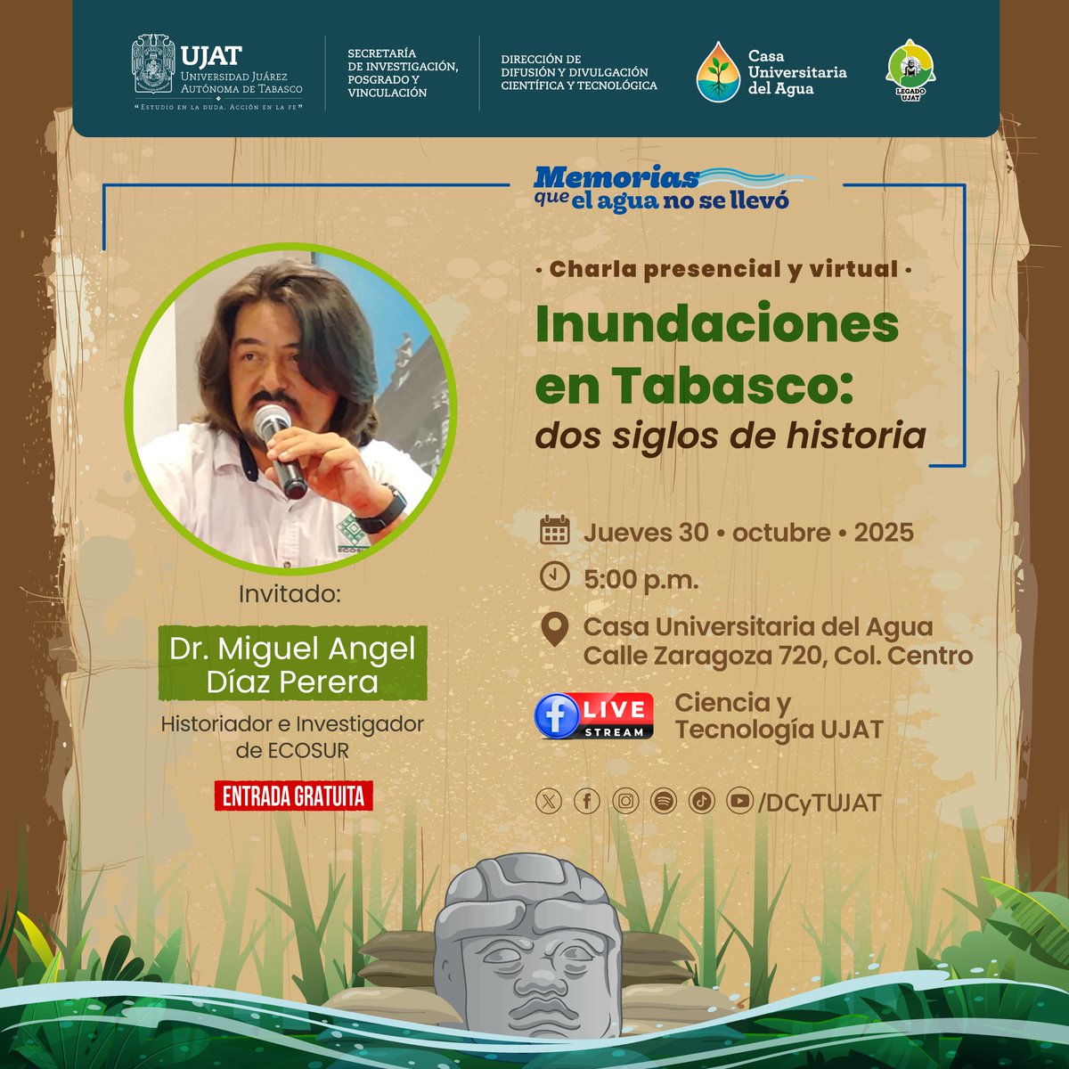 📌 Recordemos y reflexionemos sobre la relación histórica de Tabasco con el agua, en la charla presencial y virtual 🎙✨
🌎⛈💦🌊
.
📅 Jueves 30 de octubre de 2025
🌿 Lugar: Casa Universitaria del Agua
.
🛑¡Entrada gratuita!
.
<a href="/DiazPereraMA/">Miguel Angel Díaz P</a> 
#CienciaJuchiman #UJAT