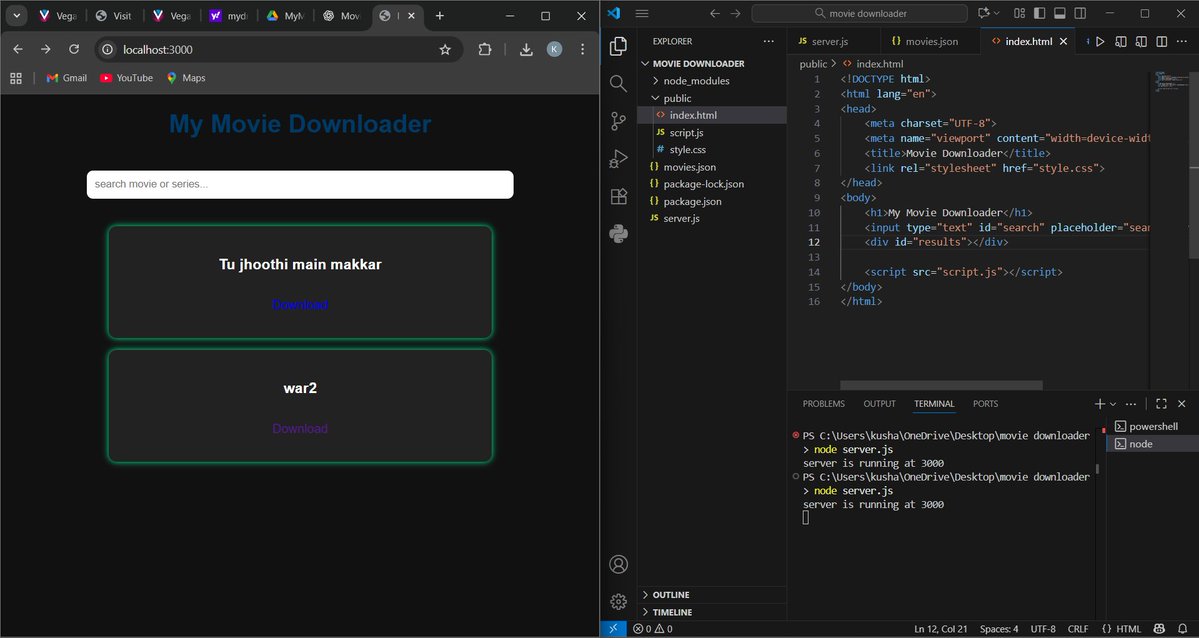 kushagra396's tweet image. finally movie download website is done✅
UI can be better , but focus is backend now
- i just save two movies in drive 
- whenever someone search for any movies it will show and get downloaded by just 1 click :)
I'm super excited by building this😁
#100DaysOfCode #buildinpublic