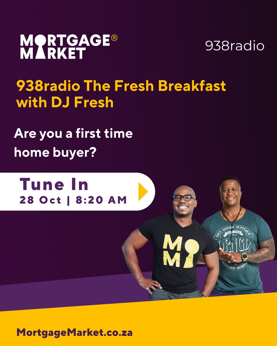 MortgageMarket_'s tweet photo. First-time home buyer?
Tune in tomorrow at 8:20AM on @938radio #TheFreshBreakfast with @DJFresh as our CEO, Tim Akinnusi, unpacks the hidden challenges stopping South Africans from owning their first home.
#MortgageMarket #HomeLoans #FirstTimeBuyer https://t.co/8LBKs0dLVb