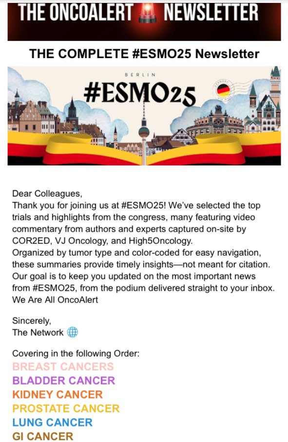 THE #ESMO25 COMPLETE Newsletter by OncoAlert 🚨IS OUT NOW‼️ 

TO GET IT REGISTER at OncoAlert360.com OR oncoalert.m-pages.com/nhMpwe/oncoale… 

5⃣0⃣of our pick of TOP Trials Presented in Berlin🇩🇪Divided by Tumor Type and with great video coverage by our collaborators at <a href="/COR2EDMedEd/">COR2ED</a>