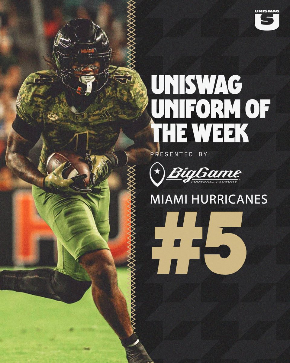 UNISWAG Week 9 Uniform of the Week Countdown presented by <a href="/BigGameUSA/">Big Game USA</a> 

#5 <a href="/CanesFootball/">Miami Hurricanes Football</a> 

#uniswag