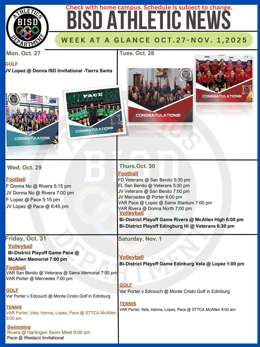 BISD Athletic News: Here’s your week at a glance! Come out and cheer on our incredible student-athletes as they showcase their hard work, talent, and school pride.