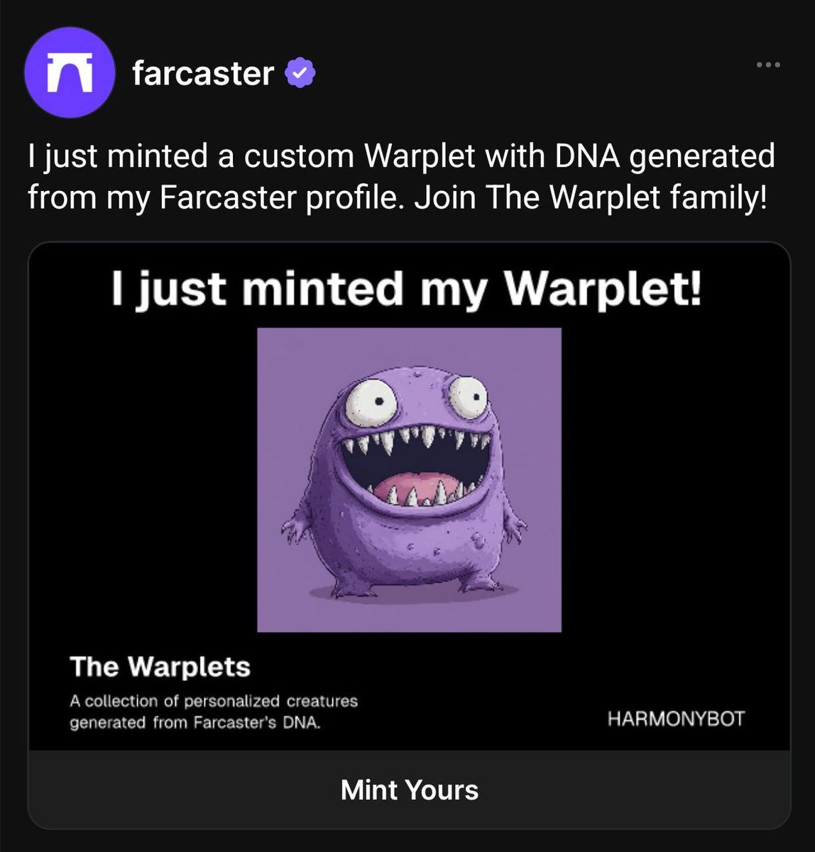 onchaindojo0x's tweet image. Warplet just turned @farcaster_xyz into a full-on memecoin playground.
Born from a mascot joke → now NFTs flying from $1.5 to $100+ floor.
Pure community energy, 100% on-chain chaos.
Farcaster szn just getting started.