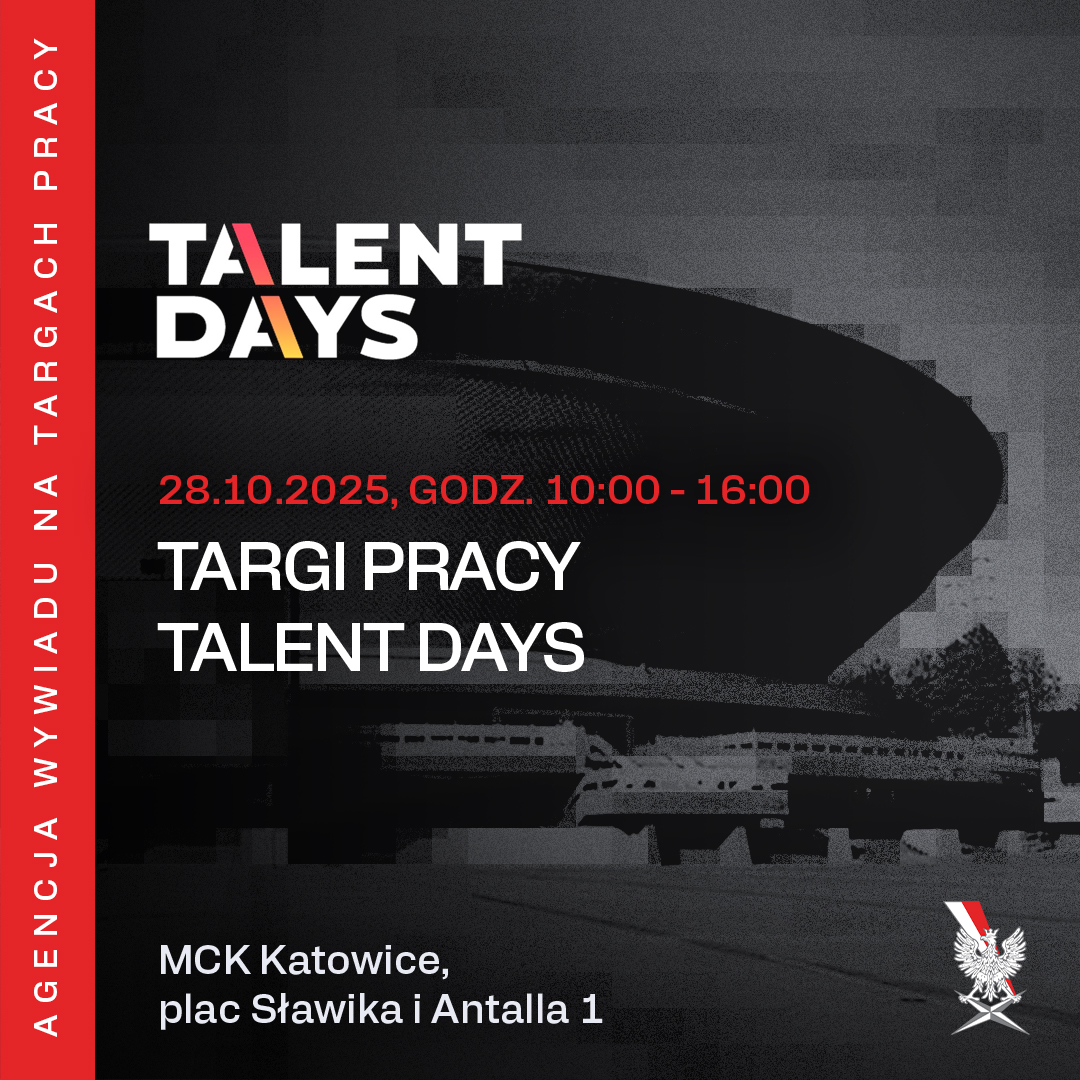 Agencja Wywiadu (@awgovpl) on Twitter photo Już JUTRO!
28 października br., 🕰 w godzinach 10:00 – 16:00 w MCK <a href="/miasto_katowice/">Miasto Katowice</a>, czekamy na Was na Targach Pracy TALENT DAYS.
TALENT DAYS to idealna okazja do porozmawiania z przedstawicielami Agencji Wywiadu o służbie/pracy 🕵️🕵️
Link: talentdays.pl/targi-pracy
#rekrutacja Już JUTRO!
28 października br., 🕰 w godzinach 10:00 – 16:00 w MCK <a href="/miasto_katowice/">Miasto Katowice</a>, czekamy na Was na Targach Pracy TALENT DAYS.
TALENT DAYS to idealna okazja do porozmawiania z przedstawicielami Agencji Wywiadu o służbie/pracy 🕵️🕵️
Link: talentdays.pl/targi-pracy
#rekrutacja