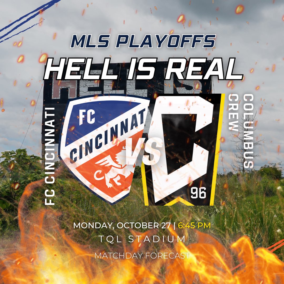 Weatherdecke's tweet image. This Monday is gonna be fire as hell🔥

Here’s your HELL IS REAL forecast for tonight as the Columbus Crew travel down I-71 to take on FC Cincinnati in round 1 game of the MLS Playoffs!!

#Crew96 | #OHwx | #CrewWx | #AllForCincy