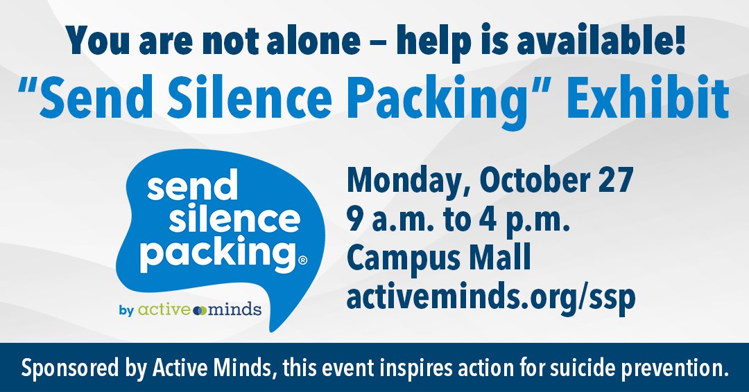 REMINDER: Citrus College &amp; <a href="/Active_Minds/">Active Minds</a> are hosting a "Send Silence Packing" backpack exhibit TODAY 10/27 from 9am-4pm in the Campus Mall.

If you or someone you know is struggling with their mental health, call the Student Wellness Center at 626-914-8671. Help is within reach!