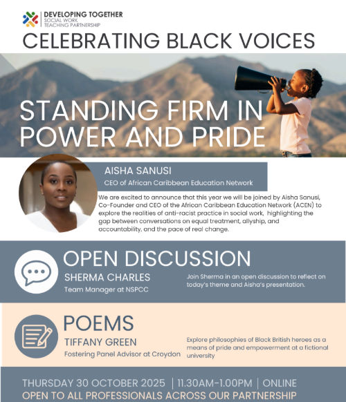 Excited for our 'Celebrating Black Voices' event this Thursday! Hear <a href="/Aisha_Sanusi/">Aisha</a> discuss the gap between allyship &amp; accountability. A vital conversation for ALL professionals across the partnership. Please get in touch to sign up! #BlackHistoryMonth #celebratingblackvoices