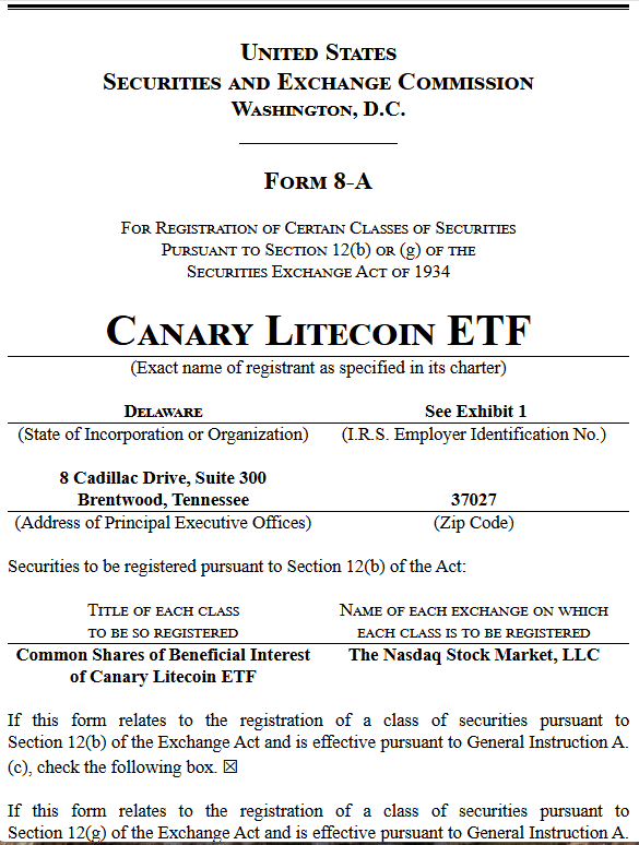 Canary Litecoin ETF has officially filed its Form 8-A with the SEC, registering to list on Nasdaq.

This step means the fund’s shares are now being registered under Section 12(b) trading can begin soon.

sec.gov/Archives/edgar…