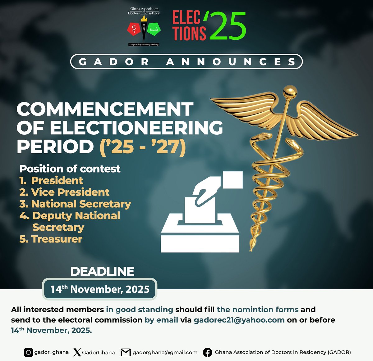 New term, new leaders, new energy!
GADOR Elections ’25–’27 are LIVE 
Send in your nominations before 14th Nov 2025 — your turn to lead is now!
#GADORElections #Stepup <a href="/GhanaMedAssoc/">Ghana Medical Association</a>