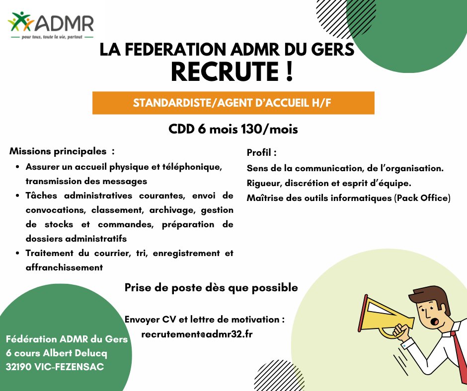 📣 La Fédération ADMR du Gers recrute ❗

📌 1 Secrétaire service Ressources Humaines H/F
CDD 6 mois Temps plein
📌1 Standardiste/Agent d'accueil H/F
CDD 6 mois Temps partiel

Infos : admr32.fr

CV et lettre de motivation recrutement@admr32.fr
<a href="/ADMRun/">ADMR</a> <a href="/FranceTravail/">France Travail</a>