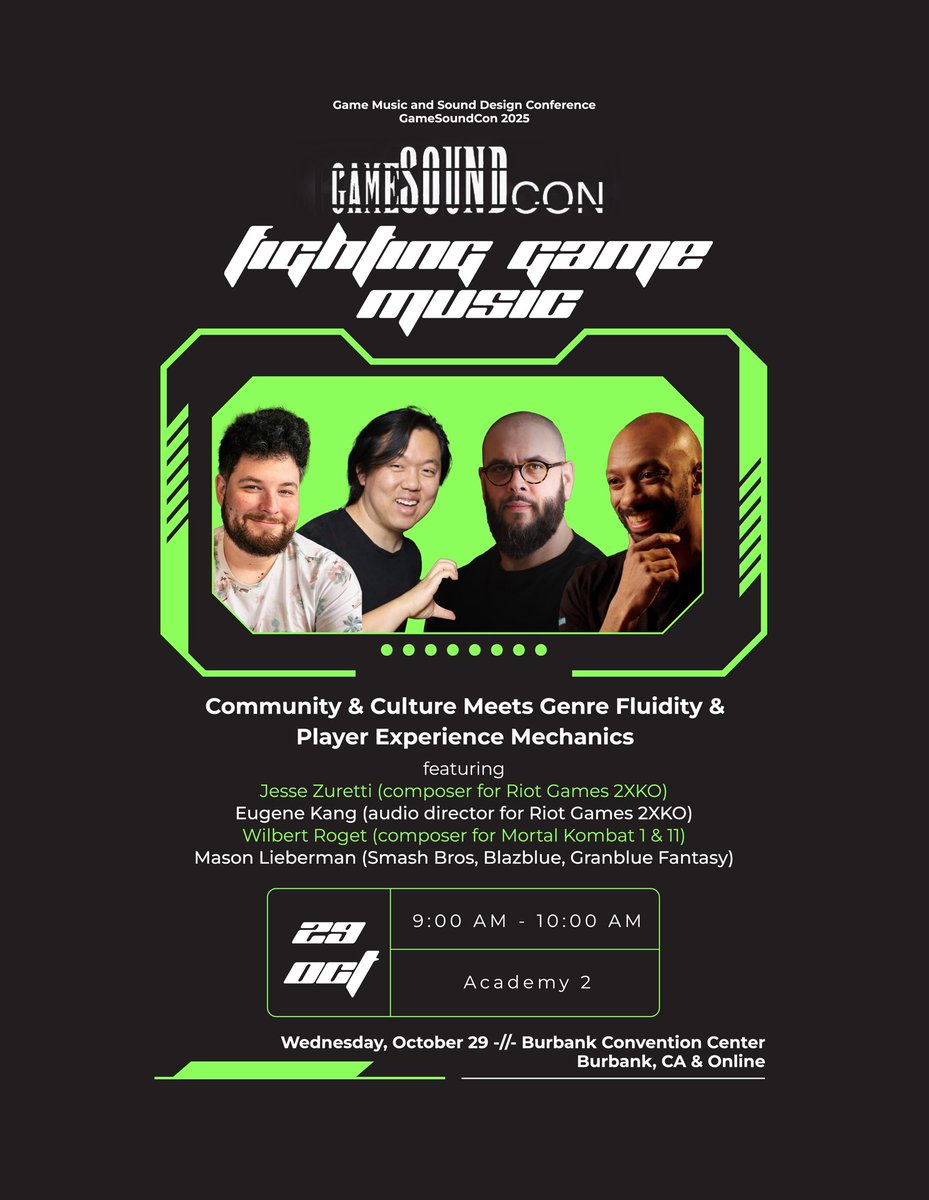 jessezuretti's tweet image. #GameSoundCon panel talking Fighting Game Music w/ @WilbertRoget @wonsangandbass &amp;amp; @MasonLieberman - this Weds, Oct 29