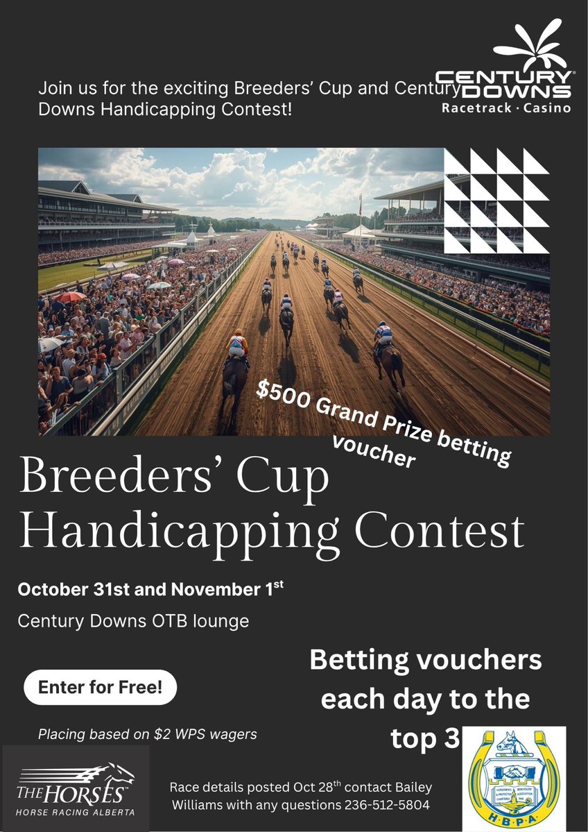 🐎 Breeders’ Cup hype is on! 🙌

Join us Oct 31 &amp; Nov 1 for a FREE Handicapping Contest <a href="/CenturyDowns/">Century Downs</a>!

🎯 Pick ONE horse per race using a $2 WPS format
🏆 Daily prizes + Grand Prize Carryover!

Final race list drops tomorrow — stay tuned &amp; drop your early picks below ⬇️