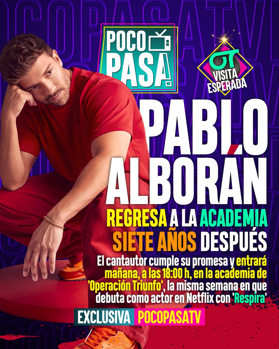 Pocopasatv's tweet image. 🌟 VISITA ESPERADA. Pablo Alborán (@pabloalboran) cumple su promesa y, siete años después, regresa a la academia de #OperaciónTriunfo.
🎤 El cantautor entrará mañana a las 18:00 h, la misma semana en la que debuta como actor en Netflix con #Respira. 🥹

#OTDirecto27O #OTGala6