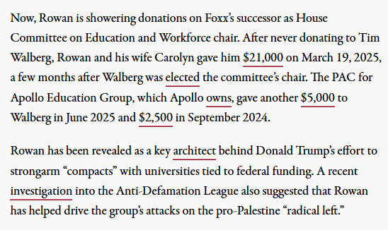 Derek Seidman (@derekseidman80) on Twitter photo Billionaire Marc Rowan, who led the donor revolt at Penn and is behind Trump's "compact" with universities, recently gave big to Tim Walberg, whose overseeing "antisemitism" hearings to attack unions, higher ed and Palestine solidarity.
For <a href="/truthout/">Truthout</a>: truthout.org/articles/anti-… Billionaire Marc Rowan, who led the donor revolt at Penn and is behind Trump's "compact" with universities, recently gave big to Tim Walberg, whose overseeing "antisemitism" hearings to attack unions, higher ed and Palestine solidarity.
For <a href="/truthout/">Truthout</a>: truthout.org/articles/anti-…
