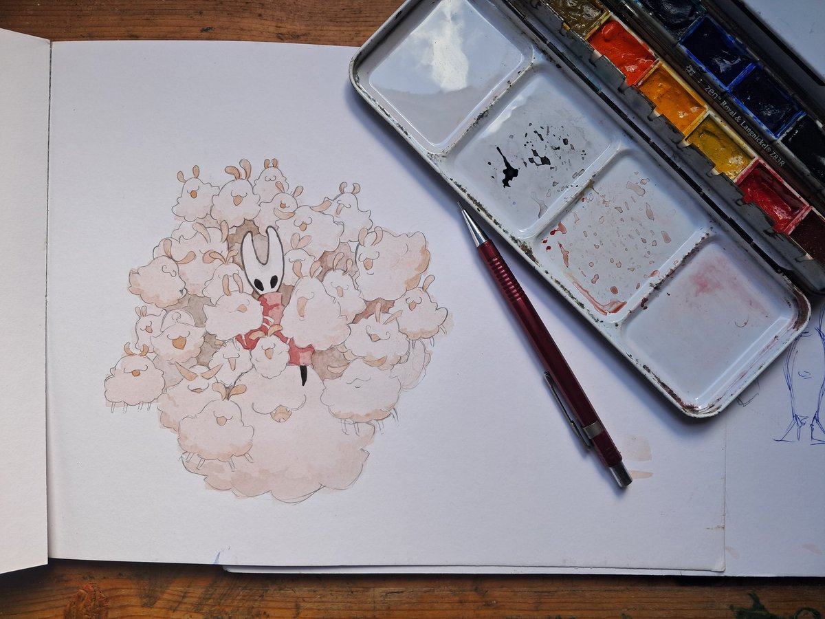 just_maurel's tweet photo. Woke up today feeling especially accomplished and warm so I decided to put that on paper, somehow it turned into hornet surrounded by those fluffy fleas, damn must be nice to feel that fluff
#Silksong #silksongfanart #hollowknight #watercolour https://t.co/gzpp3w7N0R