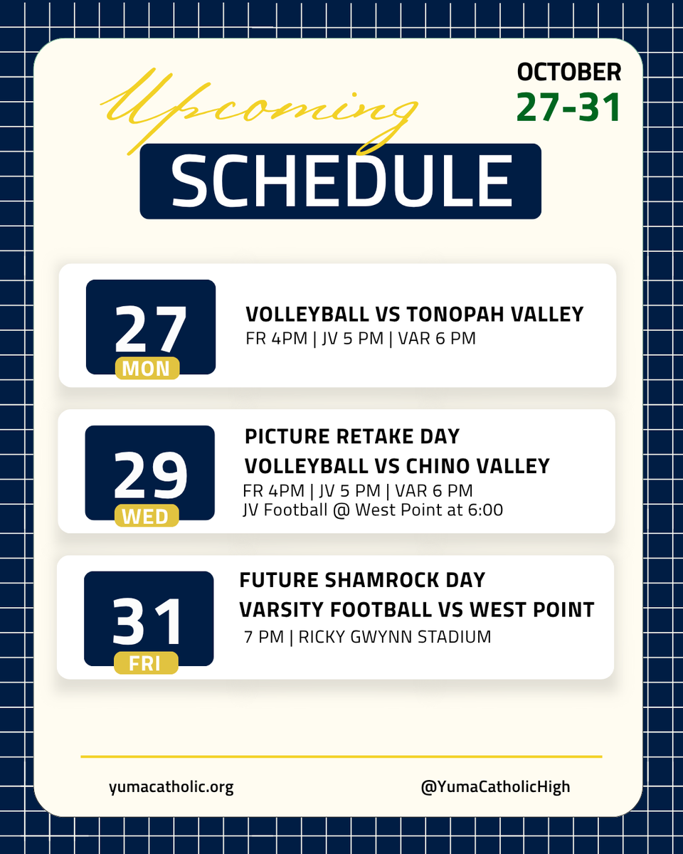 📣 Hey Shamrocks! Get ready for an exciting week! 🏐 Volleyball games at home on Monday vs. Tonopah Valley &amp; Wednesday against Chino Valley! Plus, picture retakes on Wednesday. 🎉 Don’t miss our Varsity football game vs. West Point on Friday! Let's show our spirit! #YumaCatholic