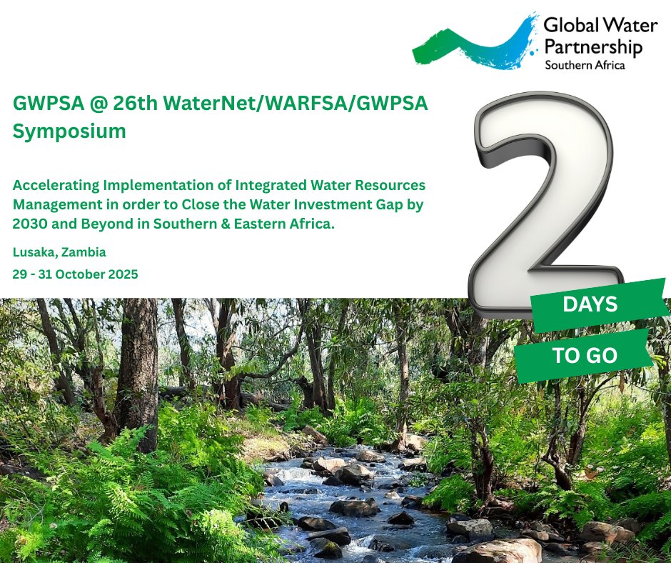 GWPSAF's tweet image. ⏳ 2 DAYS LEFT! ⏳ - 26th WaterNet/WARFSA/GWPSA Symposium.

👉Join the 2 @GWPSAF sessions as we lead the discourse on transboundary water strategy &amp;amp; pollution control in the region.
👉Visit our exhibition booth for information on our ongoing GEF-UNDP transboundary projects