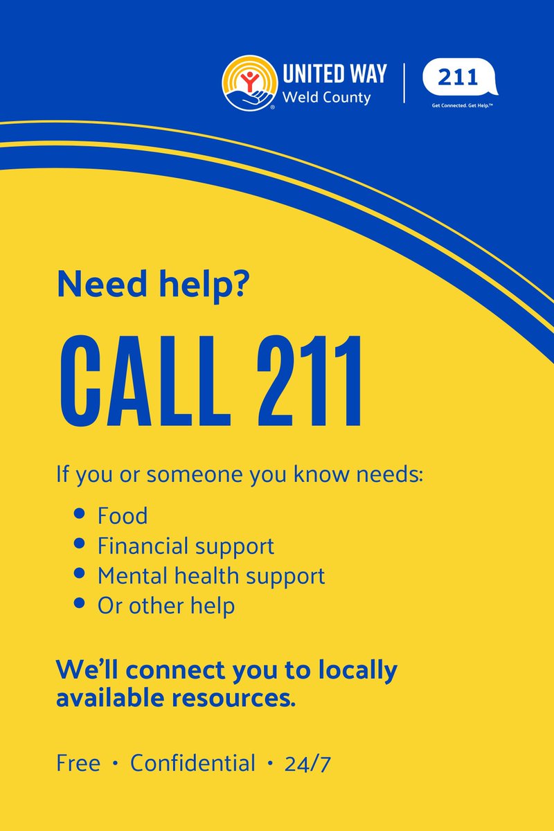 UnitedWayWeld's tweet image. Need help? Call 211 for free, confidential help in 180+ languages!

¿Necesitas ayuda? ¡Llama al 211 para ayuda gratuita y confidencial en más de 180 idiomas!

#unitedwayweldcounty #ImpactWeld