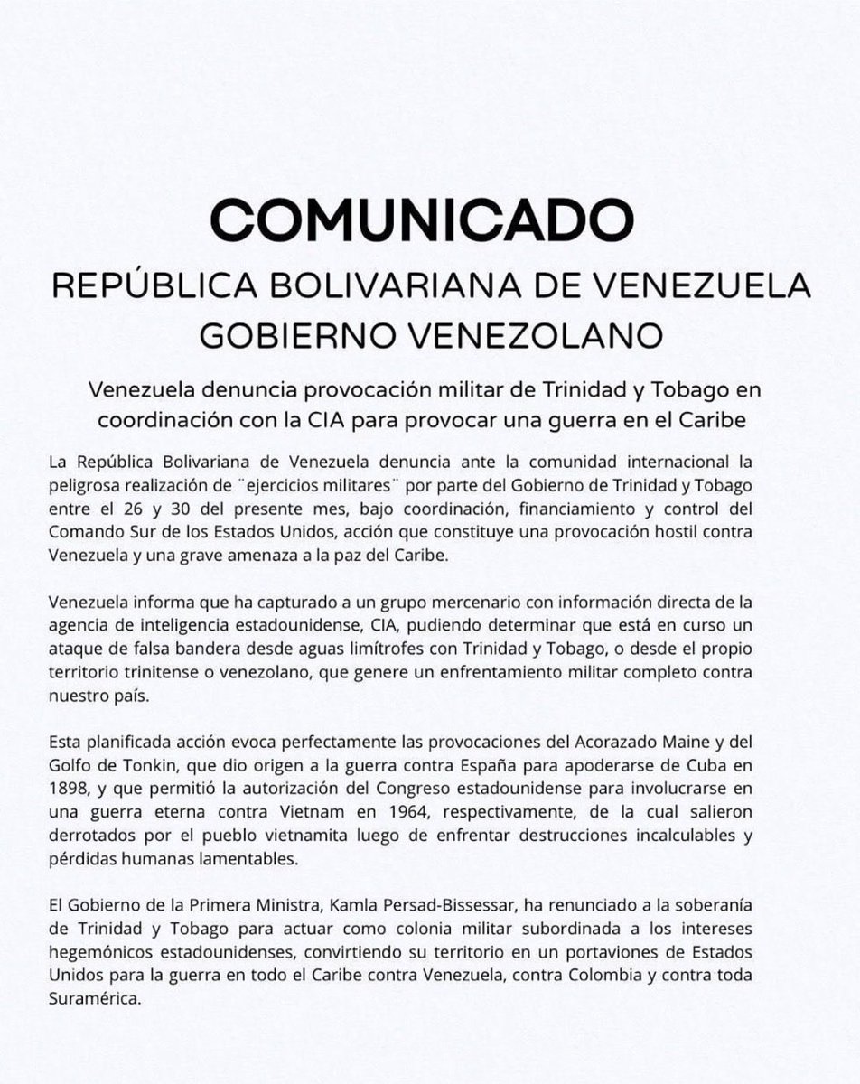 EmbaVESaudiA's tweet image. Venezuela denuncia provocación militar de Trinidad y Tobago en coordinación con la CIA para instalar una guerra en el Caribe, @delcyrodriguezv