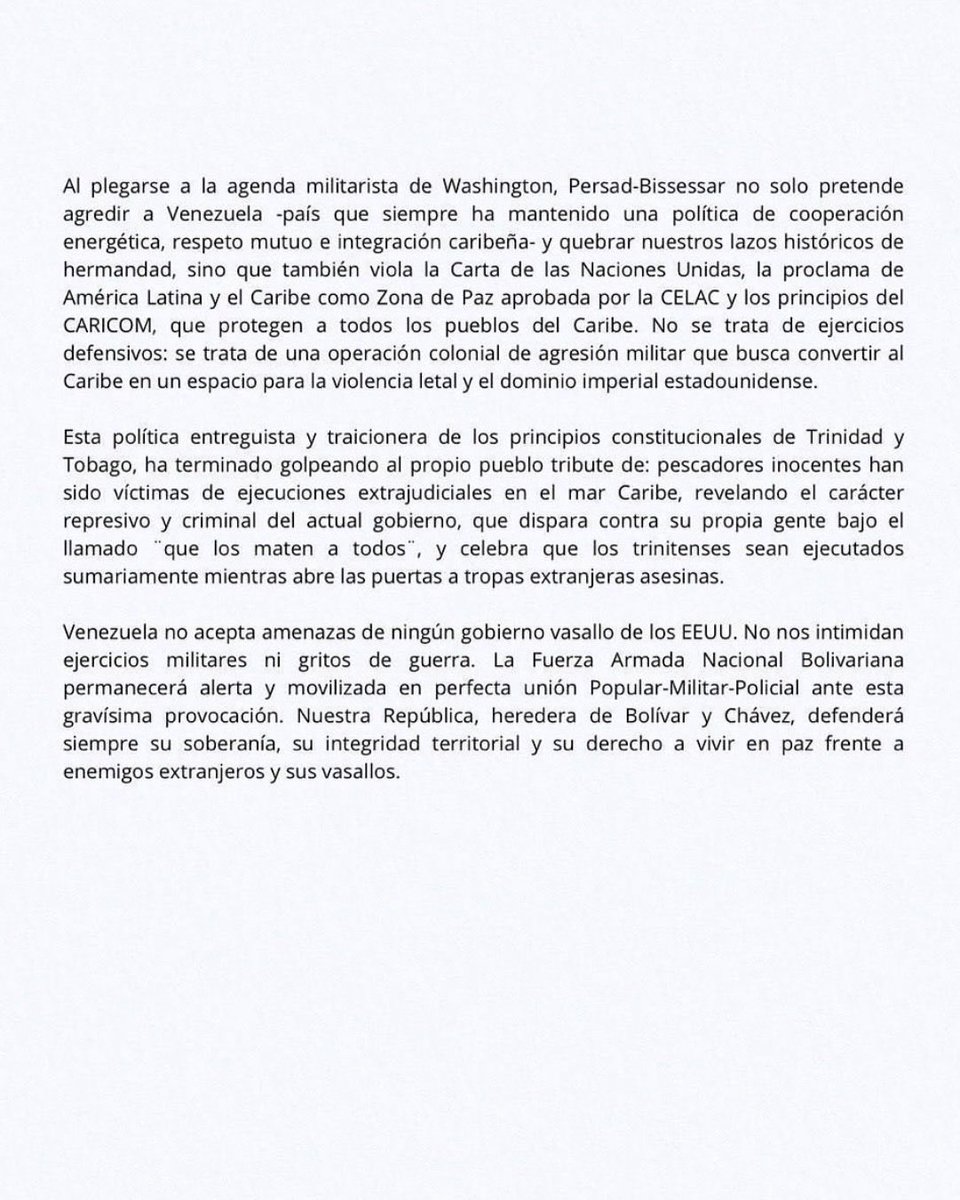 EmbaVESaudiA's tweet image. Venezuela denuncia provocación militar de Trinidad y Tobago en coordinación con la CIA para instalar una guerra en el Caribe, @delcyrodriguezv