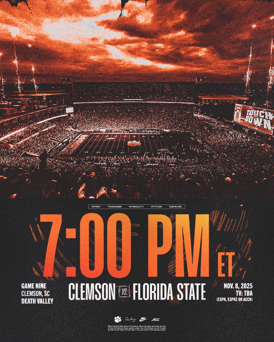 Death Valley Nights return Nov. 8.

New kickoff time announced:
🏈: Clemson vs. Florida State
📆: Saturday, Nov. 8
📍: Death Valley
⏰: 7 p.m. ET
📺: TBA (ESPN, ESPN2 or ACCN)
🎟️: ticketmaster.com/clemson-univer…