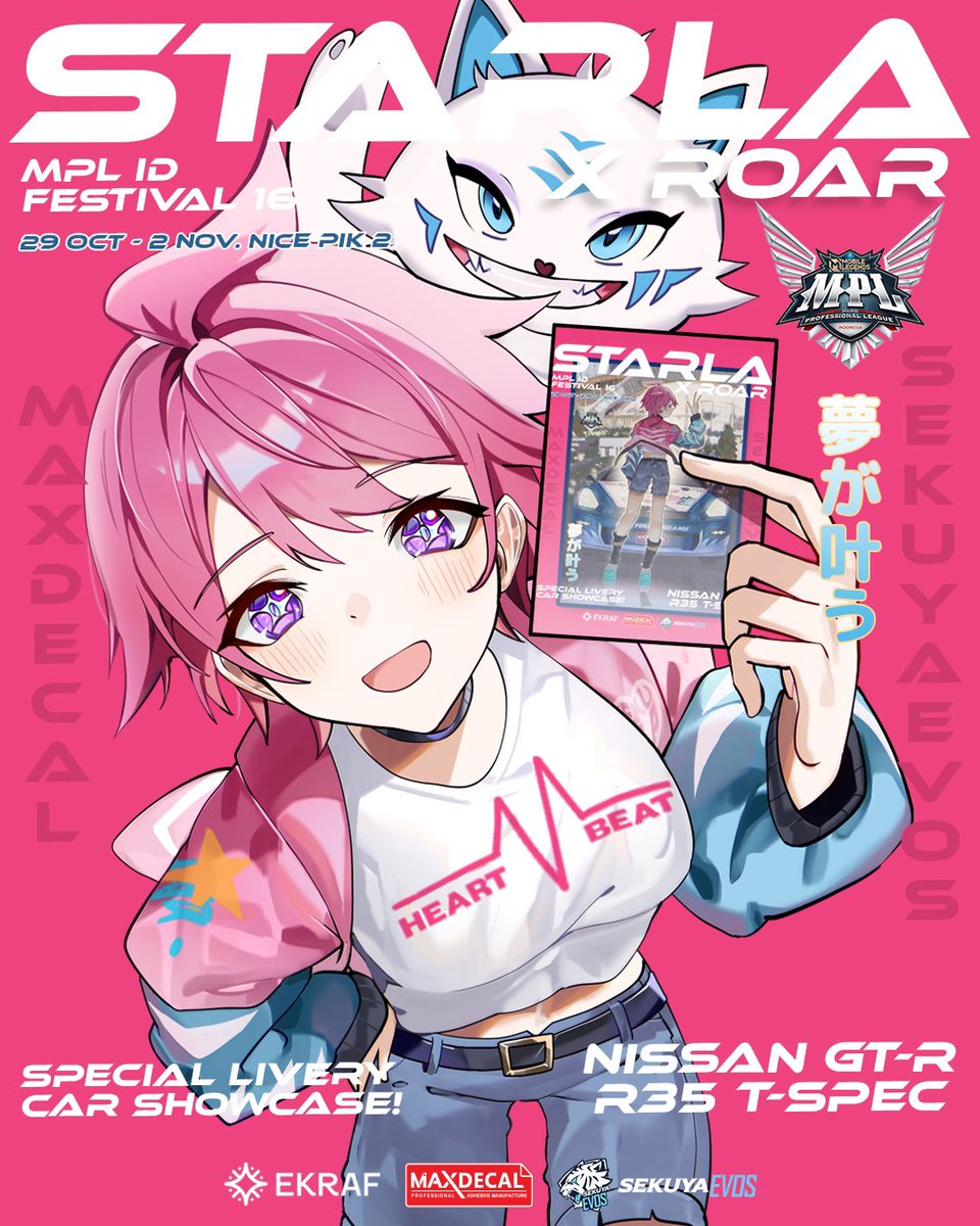sekuyaofficial's tweet image. Ready to see the stunning Nissan GT-R R35 T-Spec with the special Starla x Roar livery at MPL ID Festival S16? 👀✨

We’ve got 200 limited stickers waiting for you at Hall 8! 💖

More info: instagram.com/p/DQUOcQwEmtX/ 

Let’s make your heartbeat roar! 💓
