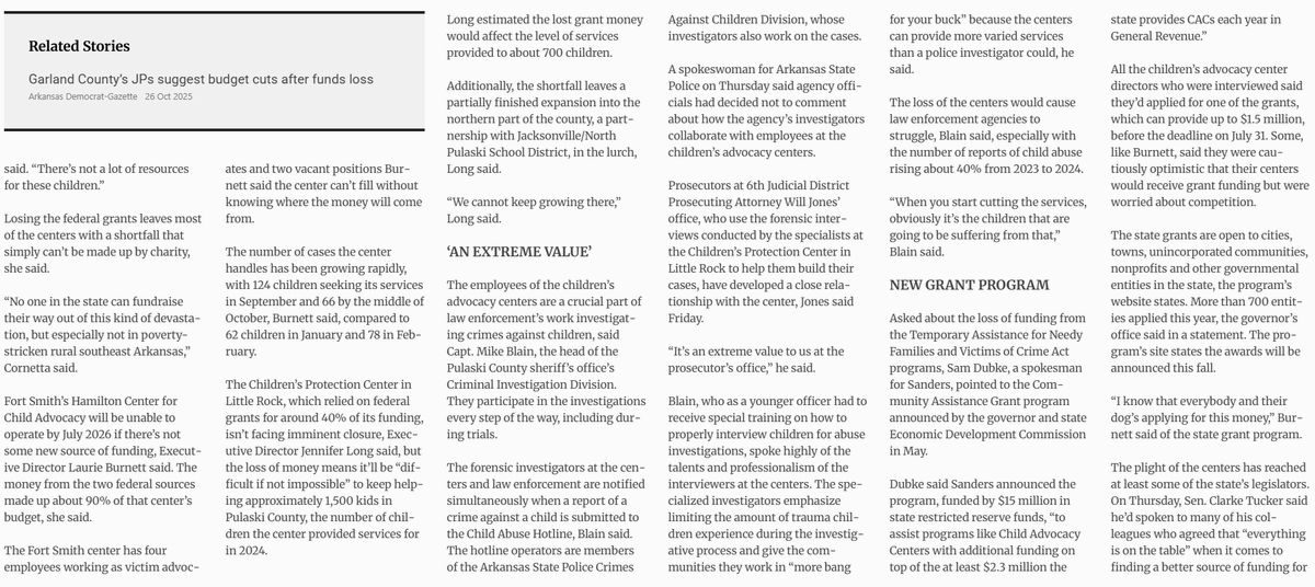 CACArkansas's tweet photo. The Arkansas Democrat-Gazette is highlighting devastating funding cuts to our state’s CACs.

CACs are essential to hope and healing for abused children. We must keep them open. Our children—and our state—depend on it.

#CACsAreEssential #ProtectARKids #CACar https://t.co/DIzaLZEw9U
