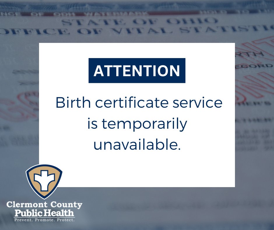 Due to a statewide software outage, we are unable to process birth certificate orders. We will post an update once service is restored.