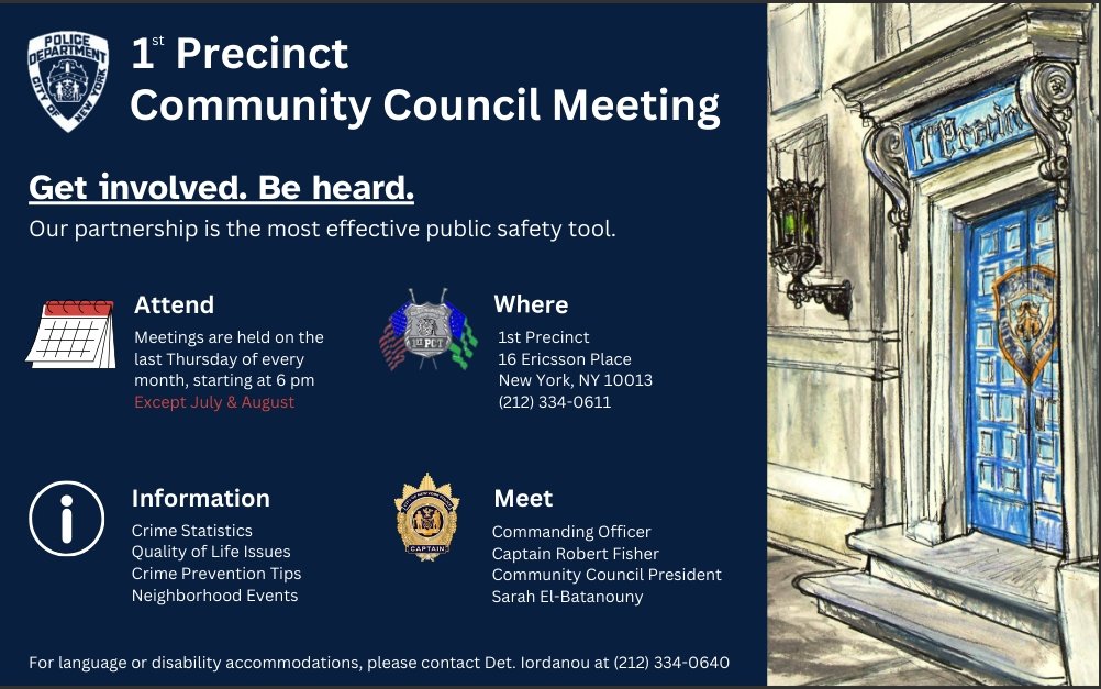 Community Council meeting is this Thursday, October 30, 2025, at 6:00 p.m. at the 1st Precinct <a href="/NYPD1Pct/">NYPD 1st Precinct</a>
