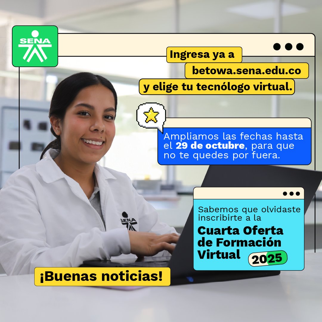 ⏰ ¡Te damos solo dos días más!
💻 Inscríbete a la última oferta virtual del SENA en 👉 betowa.sena.edu.co

🗓️ Tienes hasta el 29 de octubre para asegurar tu cupo. #EstudiaEnElSENA