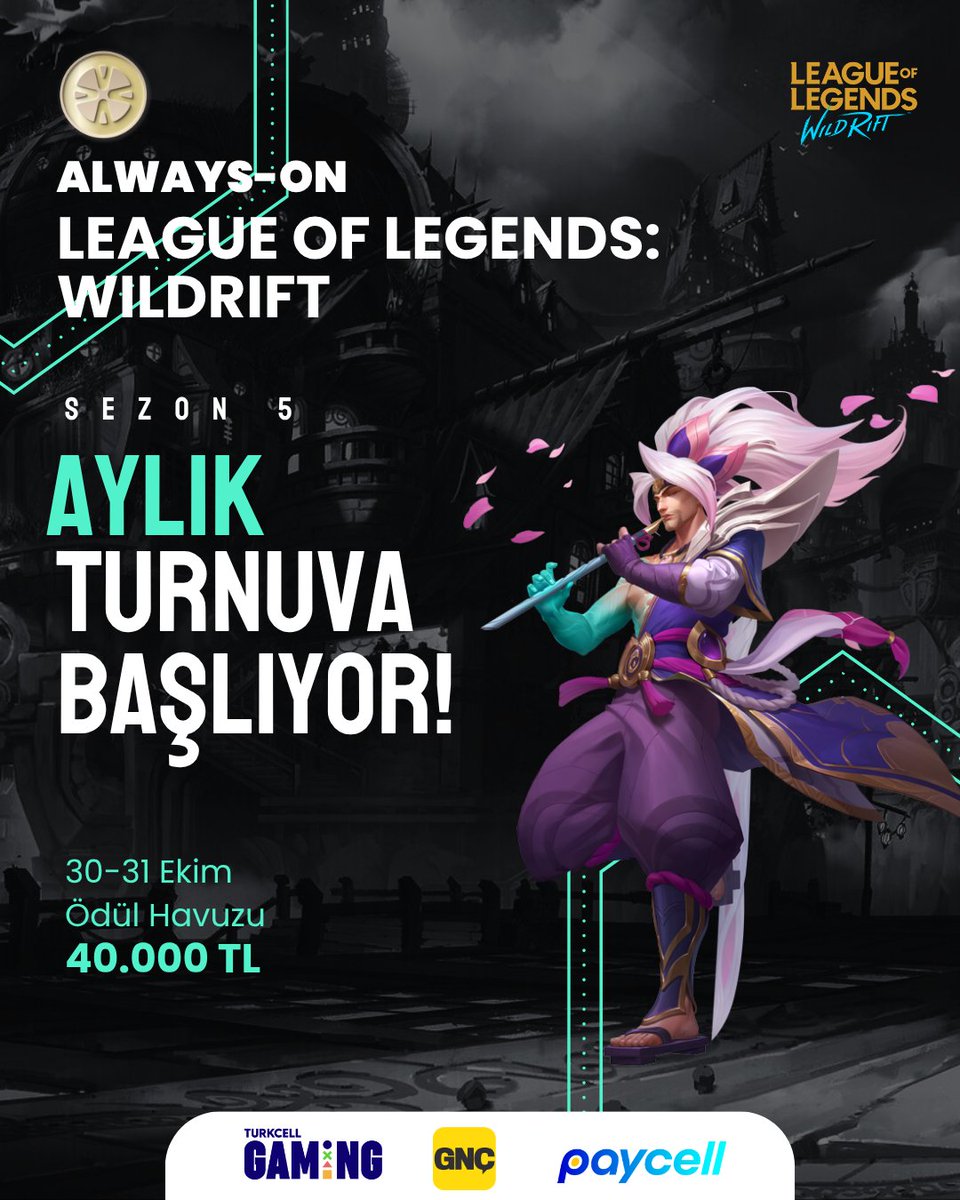 🔥 Always-ON Wild Rift Sezon 5 | Aylık Turnuva Başlıyor!
Bu kez sıradan bir zafer yetmez… Sahnede efsaneler aranıyor! 🎯

📅 30 – 31 Ekim 2025
🎮 Büyük kapışma başlıyor!

⚔️ Stratejini konuştur, takım ruhunu ateşle ve zirveye adını kazı!
💥 Bu arenada yalnızca en cesurlar