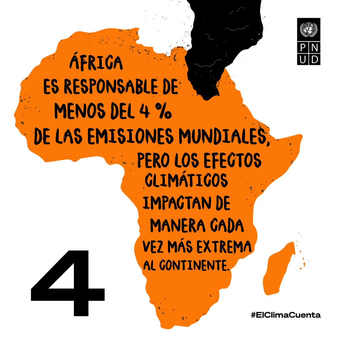 4️⃣ | #ElClimaCuenta

África es responsable de menos del 4 % de las emisiones mundiales, pero los efectos climáticos impactan de manera cada vez más extrema al continente.

🟰 Descubre 30 cifras que explican la crisis climática: go.undp.org/El-Clima-Cuenta

#COP30