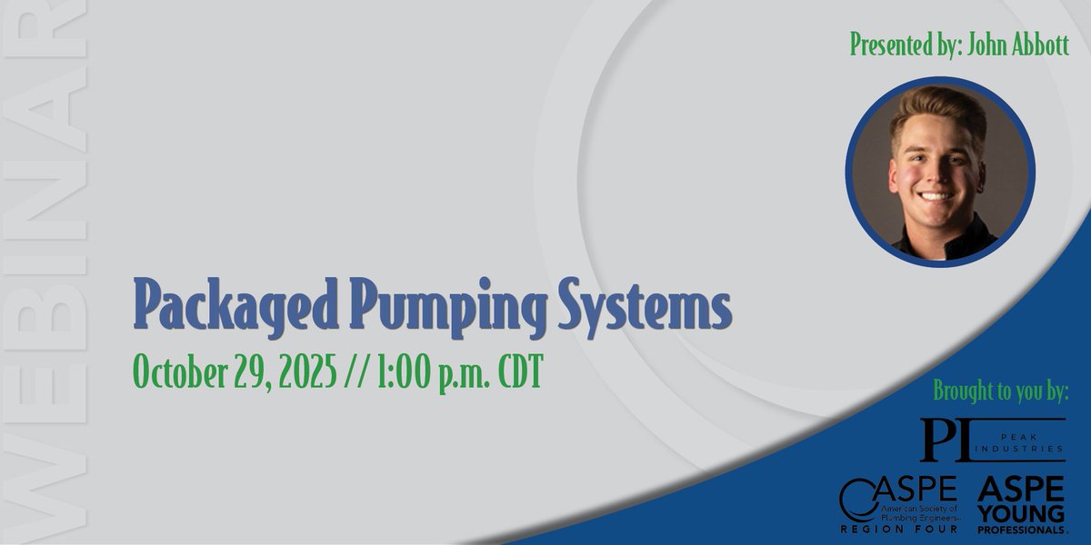 You still have time to sign up to join us for our next free CEU webinar on Wednesday. Discover actionable guidance on designing packaged pumping systems and earn 0.1 CEU. FREE for ASPE members!

Sign up now ➡️ education.aspe.org/products/ayp-r…
