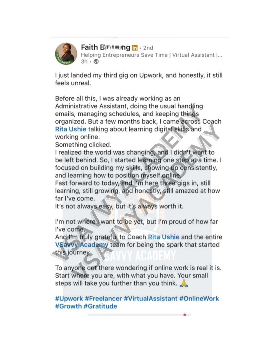 VsavvyAcademy's tweet image. She just landed her 3rd job on Upwork! 

From Admin Assistant to thriving Virtual Assistant.

Upgrading your skills can transform your career.

The world is evolving, your skills should too.