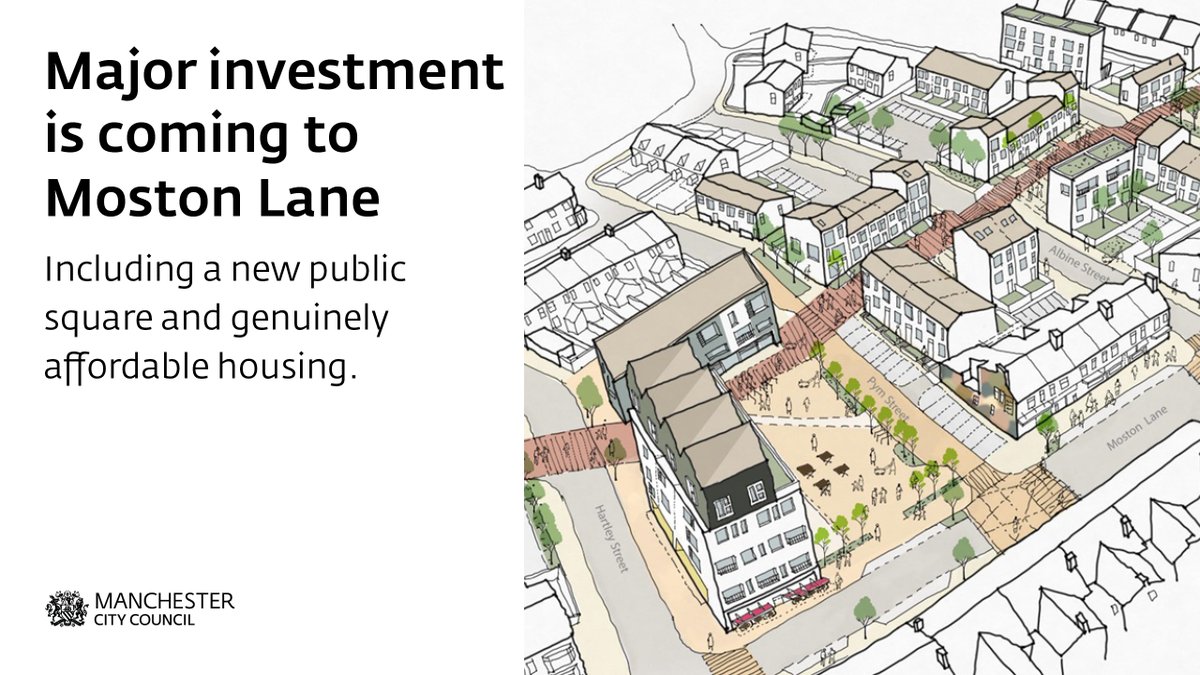 MCCMoston's tweet photo. We have unveiled a £25m plan to build a new public square and around 120 new homes - including social rent and truly affordable housing on Moston Lane.
This is part of a wider £90m investment plan for the community. https://t.co/MoAUhb4A5R