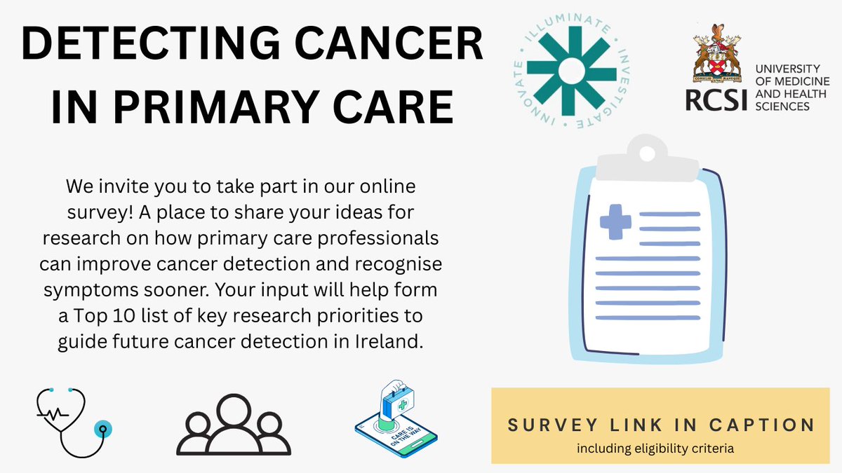 HorganRoberta's tweet image. How can we improve #CancerDetection in #PrimaryCare ? 

@PRiCAN_Research are seeking input from patients, carers, clinicians, academics &amp;amp; policymakers to help identify the top 10 research priorities 🧐

Anonymous responses. Take part here: rdc.rcsi.com/surveys/?s=T3L…

Pls share 🙏