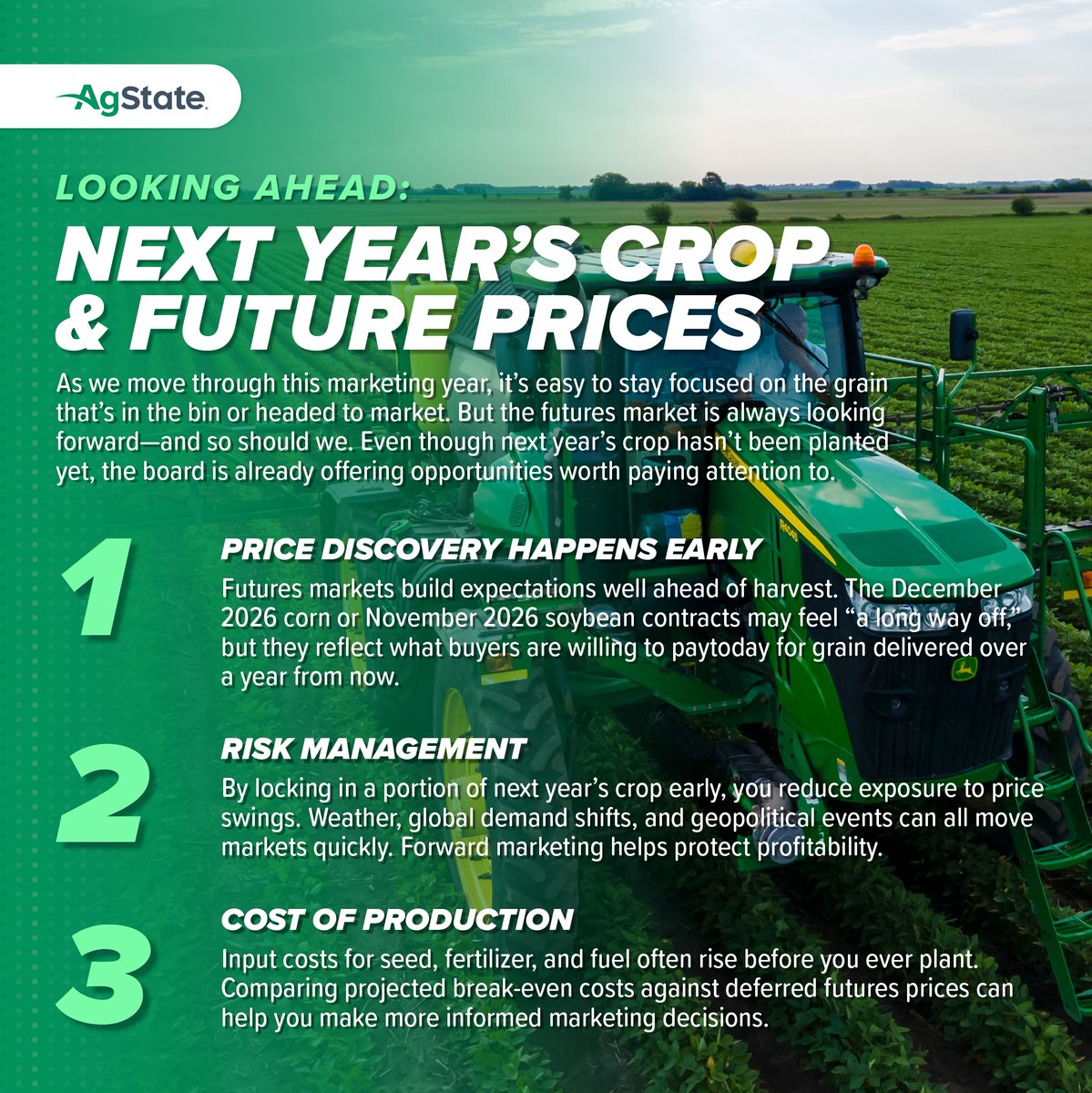 It's important to look ahead at next year's crop and future prices. These help offer information that might be beneficial for the upcoming year. 

#futureprices #springcrop