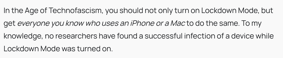iOS with Lockdown Mode is still the best defense we have against sophisticated spyware. Here's a snippet from <a href="/micahflee/">Micah Lee 🫡</a>'s keynote at <a href="/BSidesPDX/">BSides Portland</a> a few days ago. micahflee.com/practical-defe…