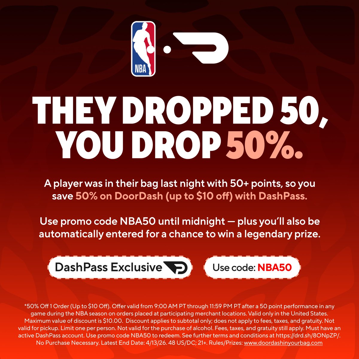 51 Points from Austin Reaves.
50% off for DashPass Members.
Promo Code: NBA50
@DoorDash