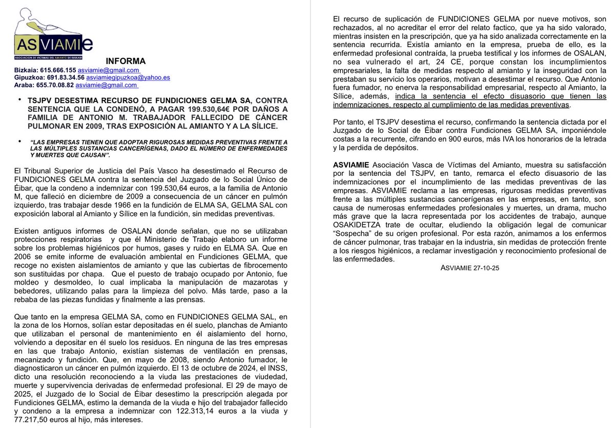 TSJPV DESESTIMA recurso de FUNDICIONES GELMA SA, contra SENTENCIA que la condenó a PAGAR 199.530,64€ por  DAÑOS a familia de  ANTONIO M., trabajador fallecido de CÁNCER PULMONAR en 2009, tras EXPOSICIÓN al AMIANTO y a la SÍLICE.