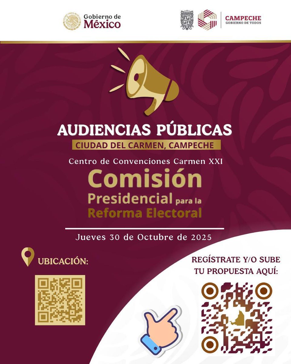 El Gobierno de México, a través de la Comisión Presidencial para la Reforma Electoral, invita a participar en las Audiencias Públicas en el estado de Campeche:

📍 San Francisco de Campeche
Centro Internacional de Conventions y Exposiciones Campeche XXI
🗓️ Miércoles 29 de octubre
