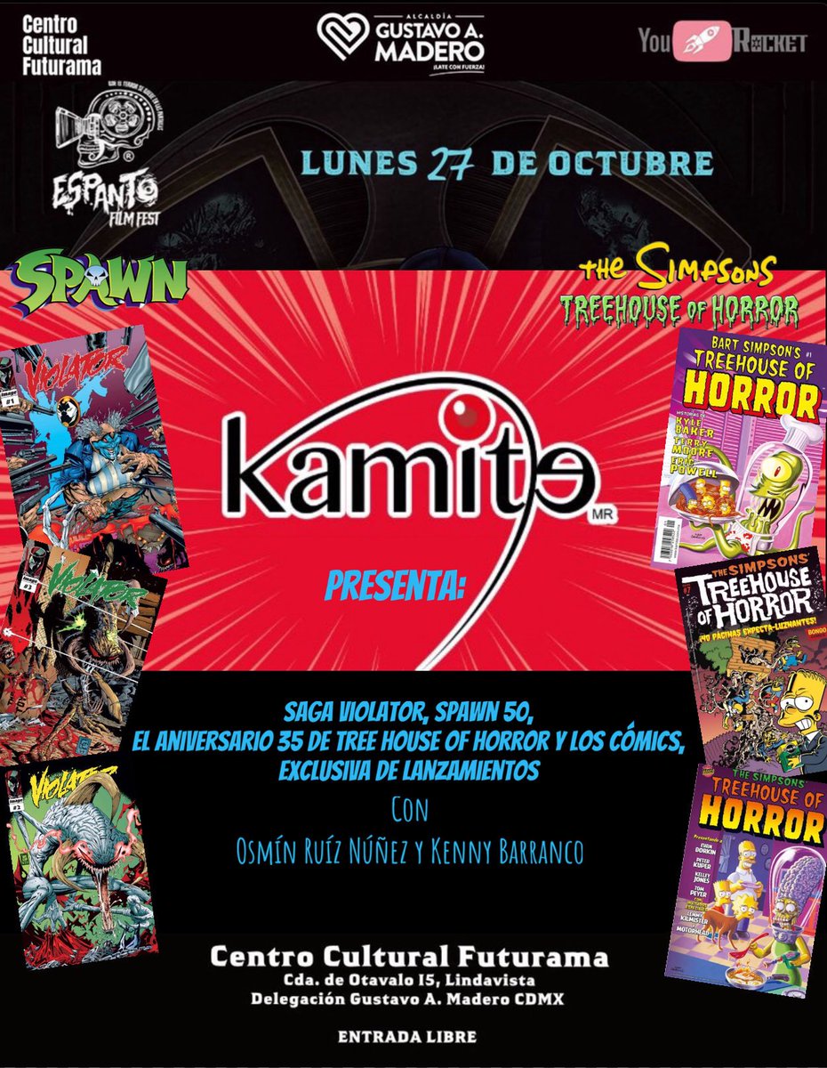 jchavarria_cine's tweet image. En @EspantoFilm hoy también estará presente @Kamite5 para hablar del aniversario 35 de #TreeHouseOfHorror y los cómics de #LosSimpson, la saga #Violator de #Spawn y sus próximos lanzamientos. Nos vemos en un rato.