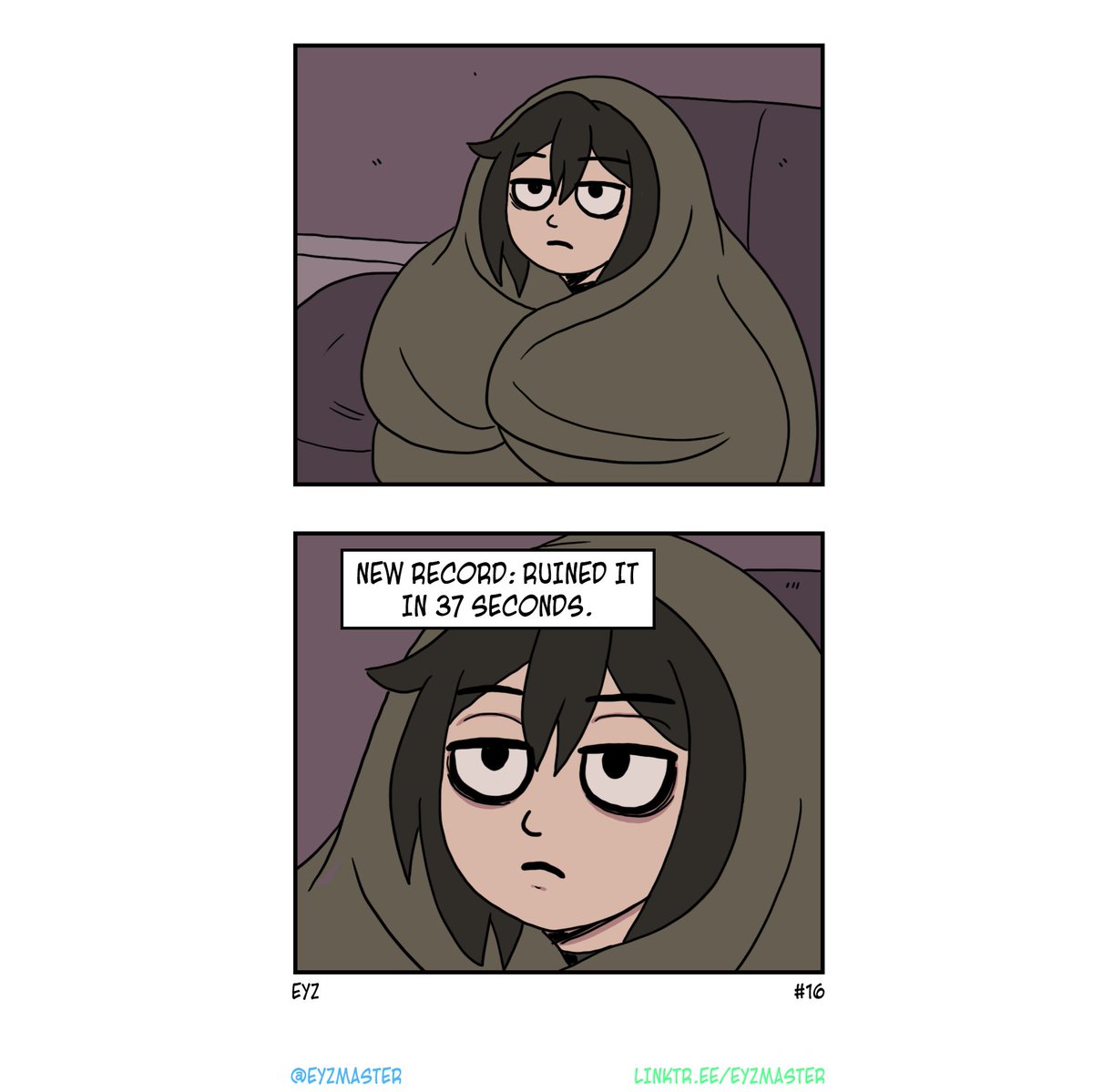 Eyzmaster's tweet photo. Every outing’s an adventure in self-sabotage. Rue’s still undefeated. 💀

Thanks for the laughs, cringe, and moral support — Rue’s social battery appreciates you (barely).

#Eyz #myart #OKbutnotfunctioning #Rue #oc #comix #webtoon #tapas #webcomics #comic #comics #sliceoflife #bestgirl #mentalhealthawareness #digitalcomics #depressionhumor